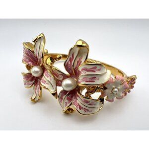 VTG KJL Kenneth Lane Bracelet Pink & White Enameled Flowers Pearls Gold Tone